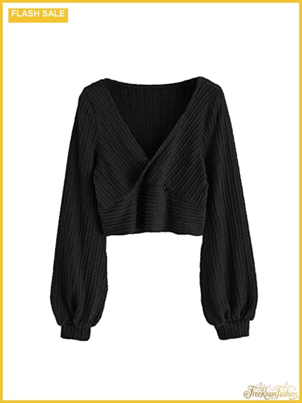 Ribbed Knit Cropped Pullover Sweater V-Neck Lantern Sleeve